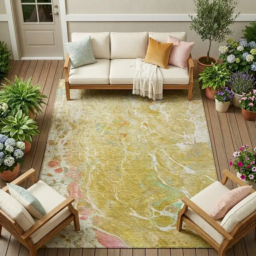 Gold And Wheat Abstract Washable Indoor Outdoor Area Rug Photo 1