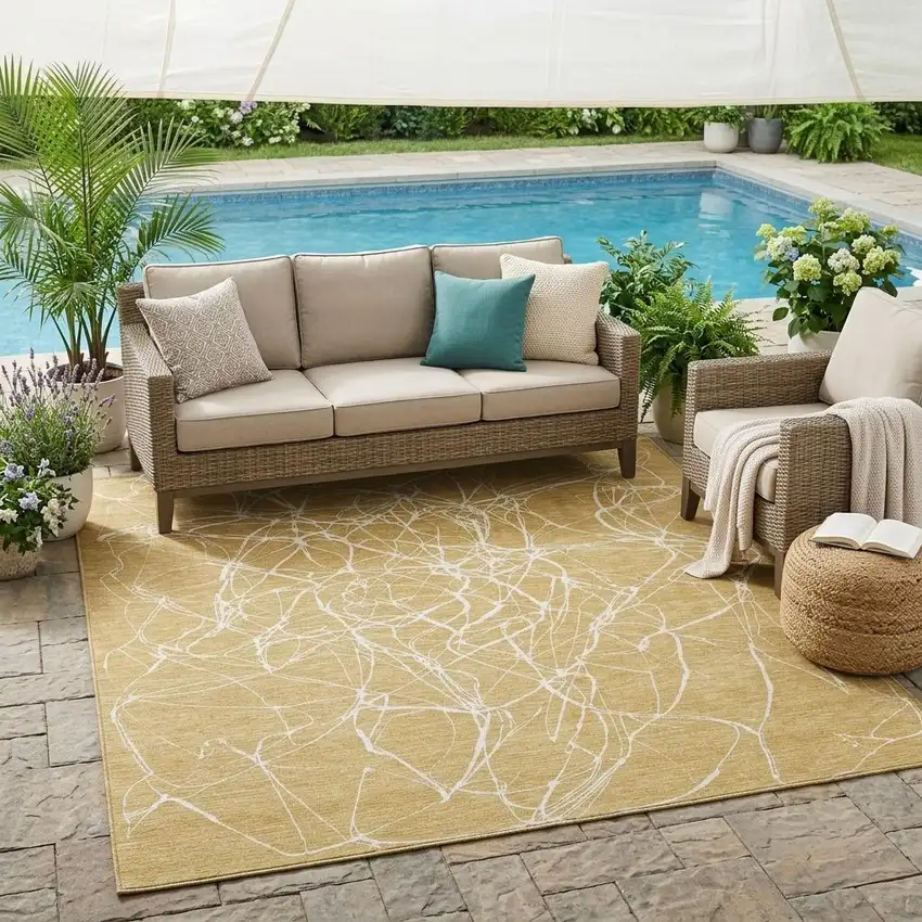 Gold And Wheat Abstract Washable Indoor Outdoor Area Rug Photo 1