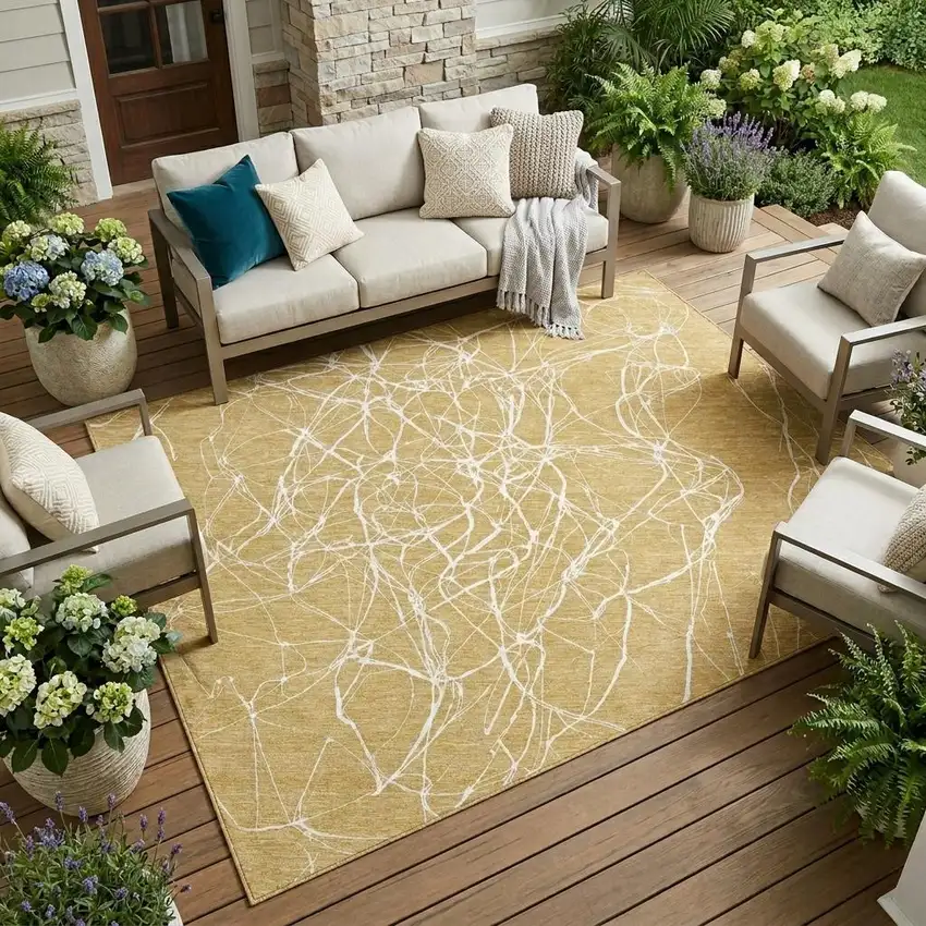 Gold And Wheat Abstract Washable Indoor Outdoor Area Rug Photo 1