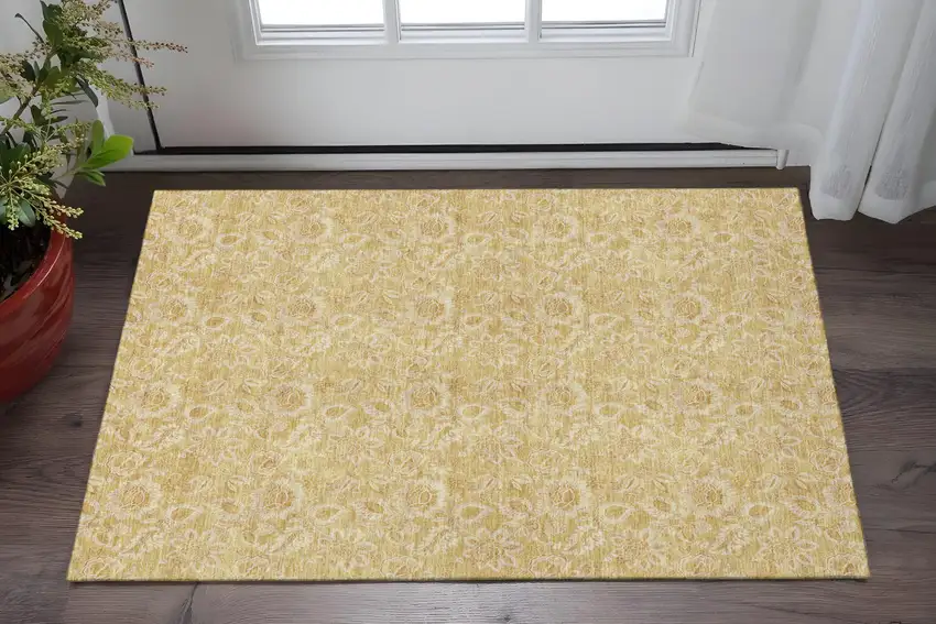 Gold And Wheat Floral Washable Area Rug With UV Protection Photo 2