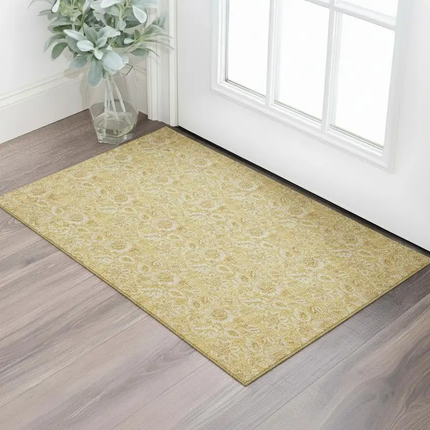 Gold And Wheat Floral Washable Area Rug With UV Protection Photo 1