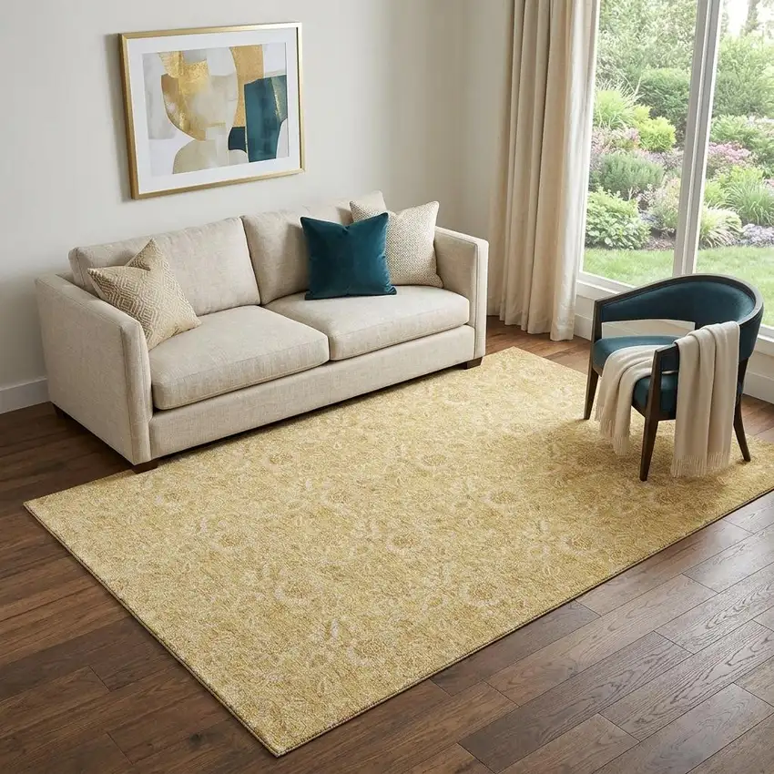 Gold And Wheat Floral Washable Area Rug With UV Protection Photo 1
