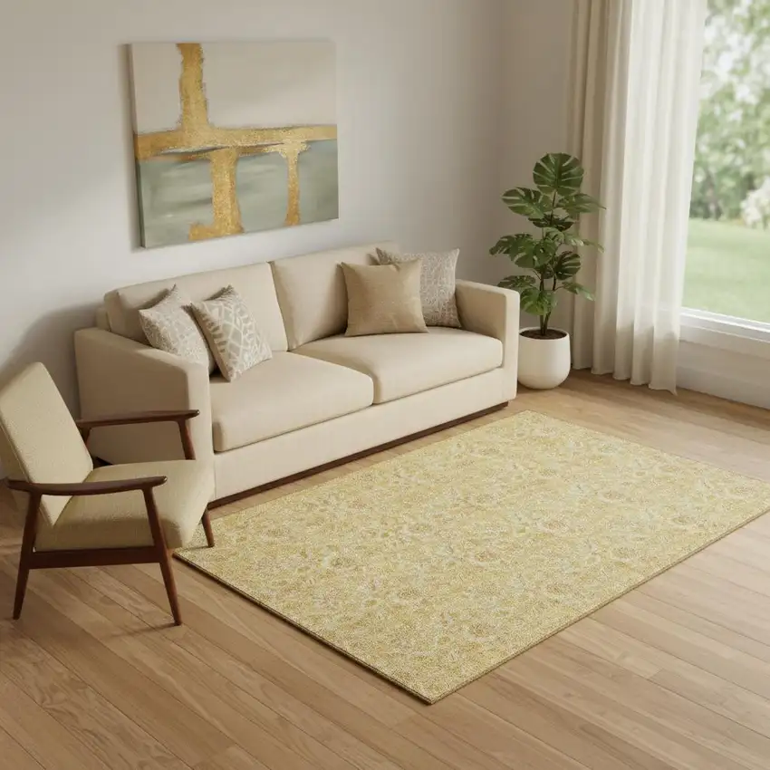 Gold And Wheat Floral Washable Area Rug With UV Protection Photo 1