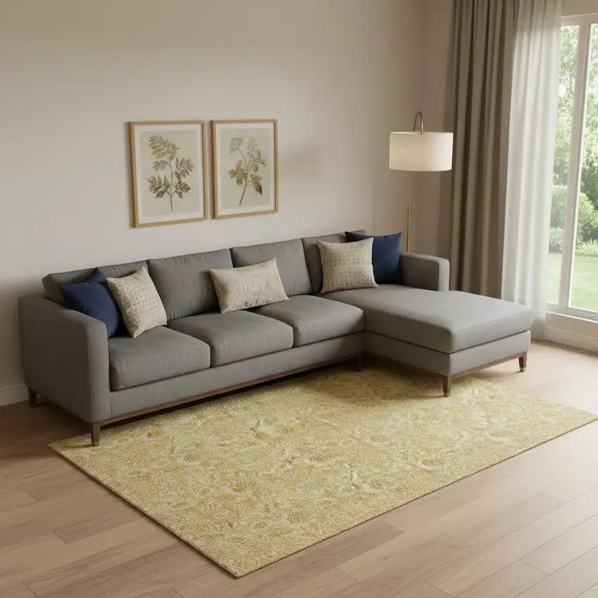 Gold And Wheat Floral Washable Area Rug With UV Protection Photo 1