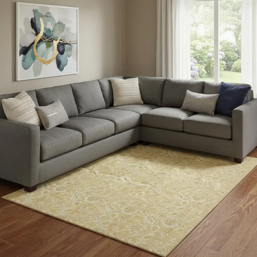 Gold And Wheat Floral Washable Area Rug With UV Protection Photo 1