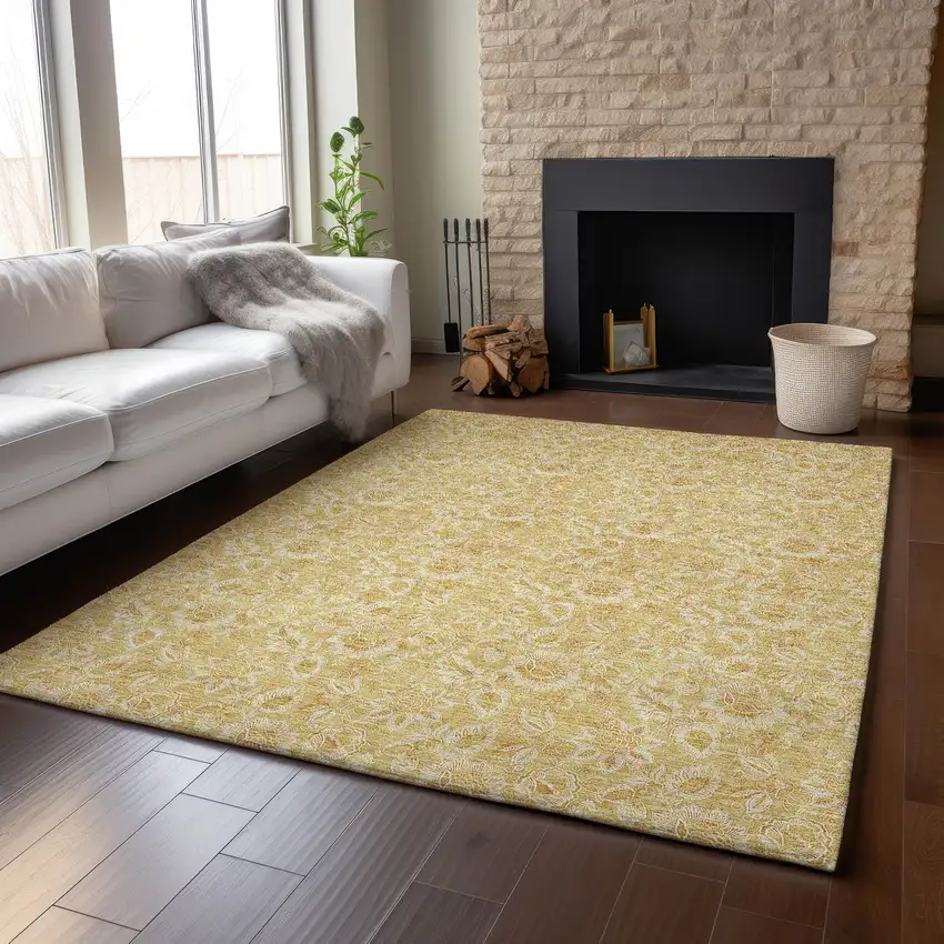 Gold And Wheat Floral Washable Area Rug With UV Protection Photo 4