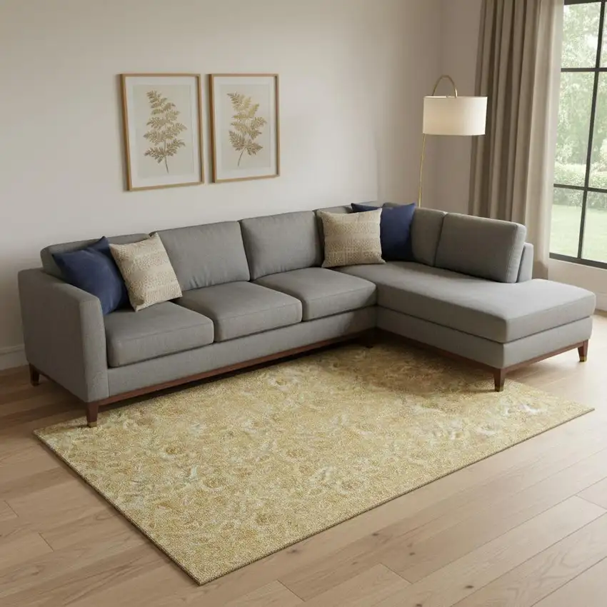 Gold And Wheat Floral Washable Area Rug With UV Protection Photo 2