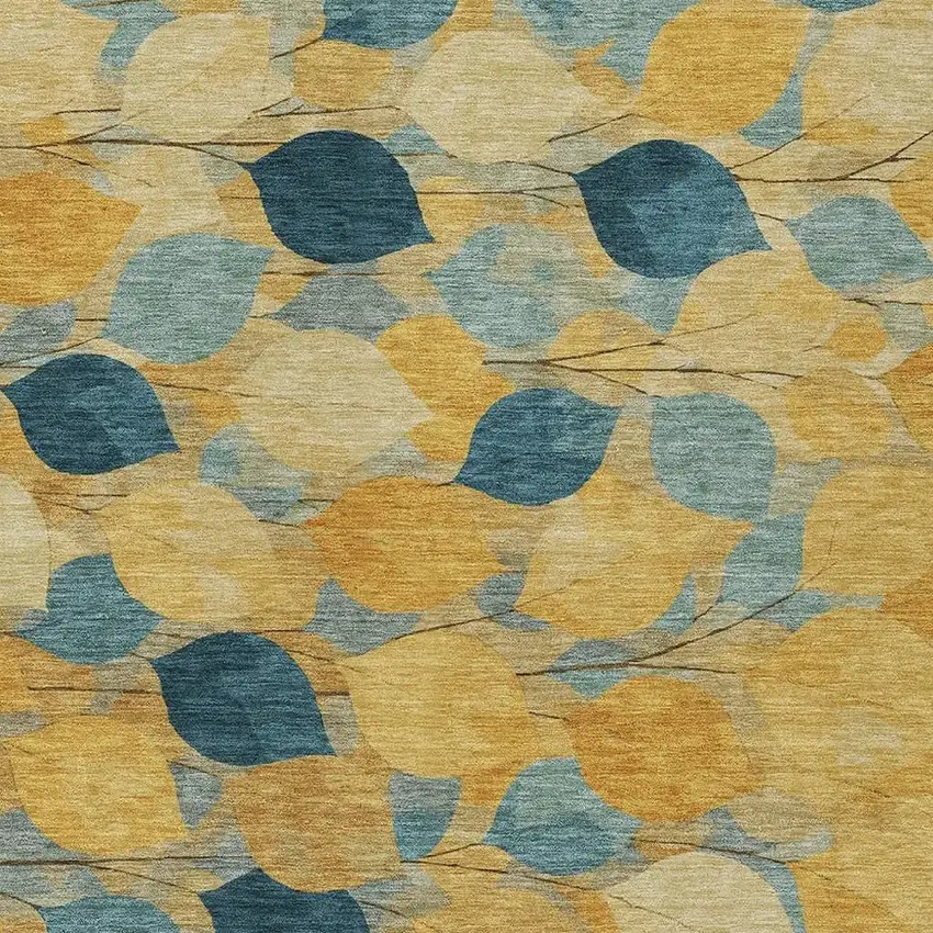 Gold And Wheat Floral Washable Indoor Outdoor Area Rug Photo 2