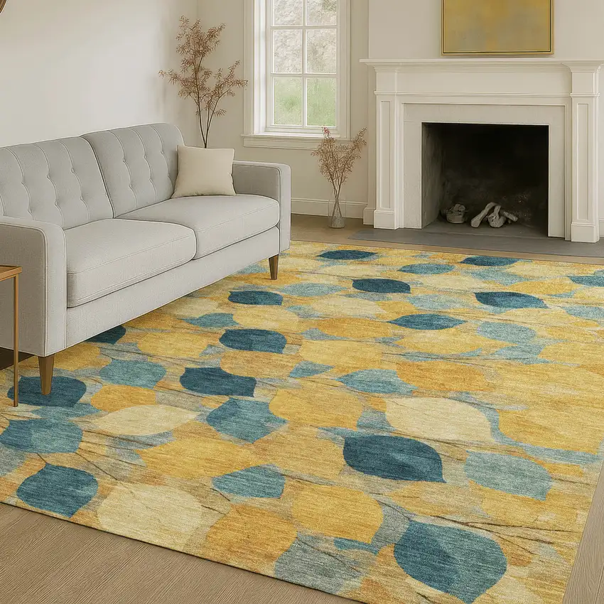 Gold And Wheat Floral Washable Indoor Outdoor Area Rug Photo 6