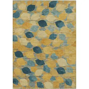 Photo of Gold And Wheat Floral Washable Indoor Outdoor Area Rug
