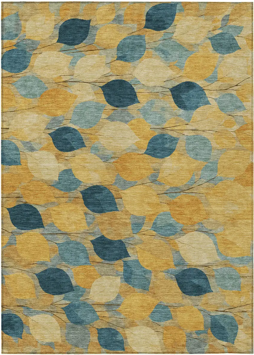 Gold And Wheat Floral Washable Indoor Outdoor Area Rug Photo 1