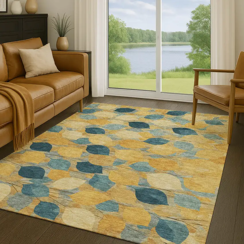 Gold And Wheat Floral Washable Indoor Outdoor Area Rug Photo 5