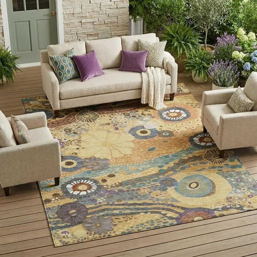 Gold And Wheat Floral Washable Indoor Outdoor Area Rug Photo 1