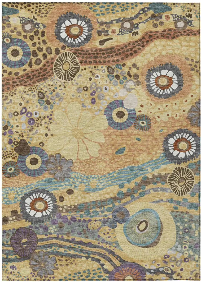 Gold And Wheat Floral Washable Indoor Outdoor Area Rug Photo 2