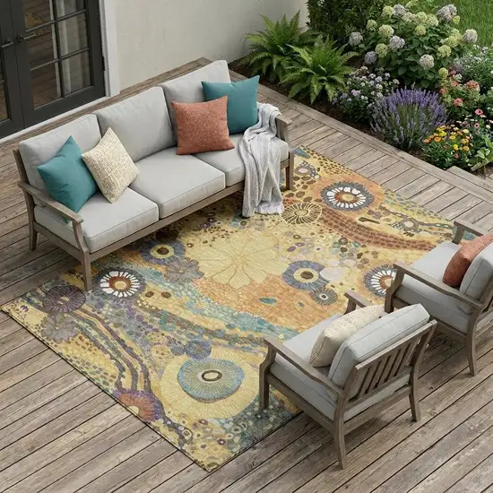 Gold And Wheat Floral Washable Indoor Outdoor Area Rug Photo 1