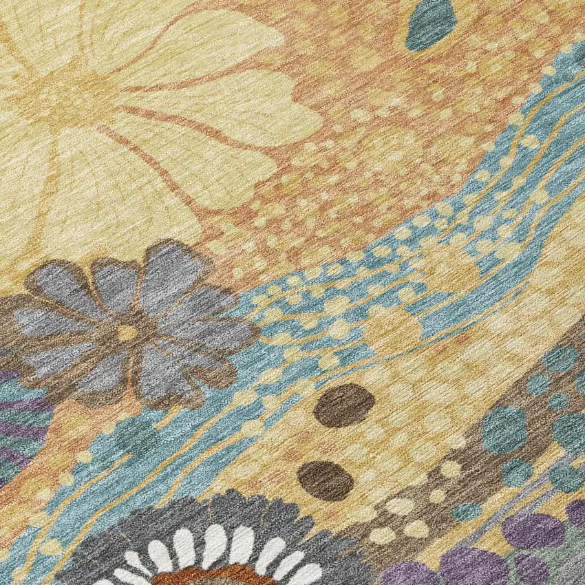 Gold And Wheat Floral Washable Indoor Outdoor Area Rug Photo 6