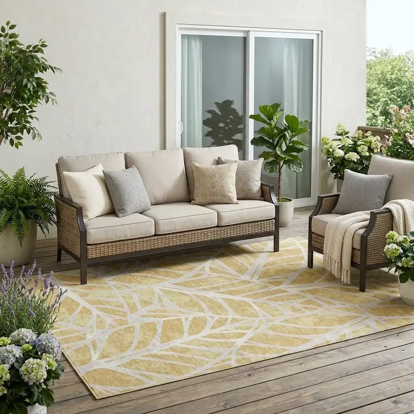 Gold And Wheat Floral Washable Indoor Outdoor Area Rug Photo 1