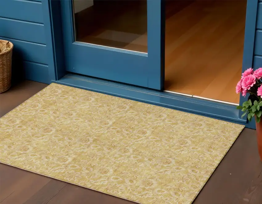 Gold And Wheat Floral Washable Indoor Outdoor Area Rug Photo 1