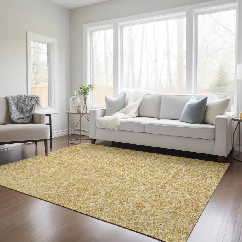 Gold And Wheat Floral Washable Indoor Outdoor Area Rug Photo 8