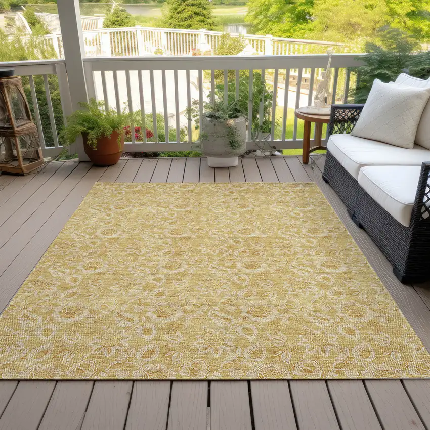 Gold And Wheat Floral Washable Indoor Outdoor Area Rug Photo 6