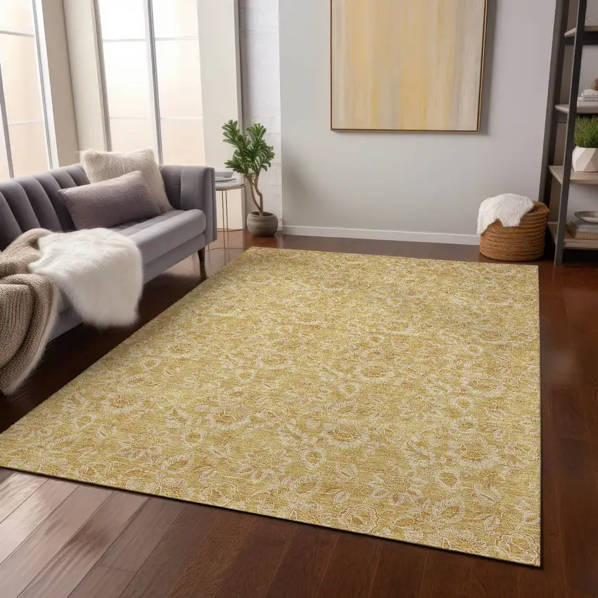 Gold And Wheat Floral Washable Indoor Outdoor Area Rug Photo 9