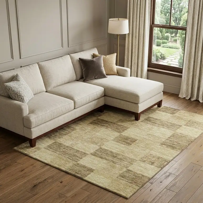 Gold And Wheat Geometric Washable Area Rug With UV Protection Photo 1