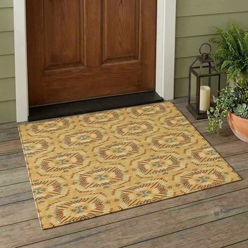 Gold And Wheat Geometric Washable Indoor Outdoor Area Rug Photo 1