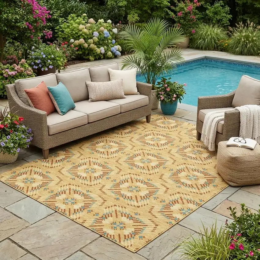 Gold And Wheat Geometric Washable Indoor Outdoor Area Rug Photo 1
