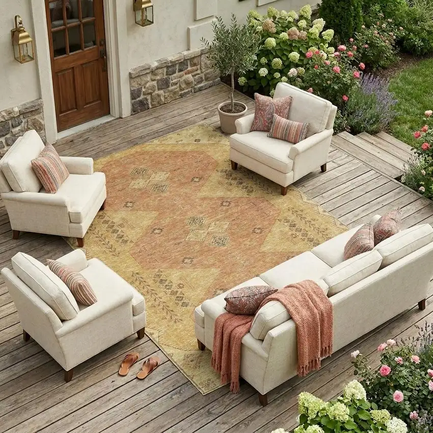 Gold And Wheat Geometric Washable Indoor Outdoor Area Rug Photo 1