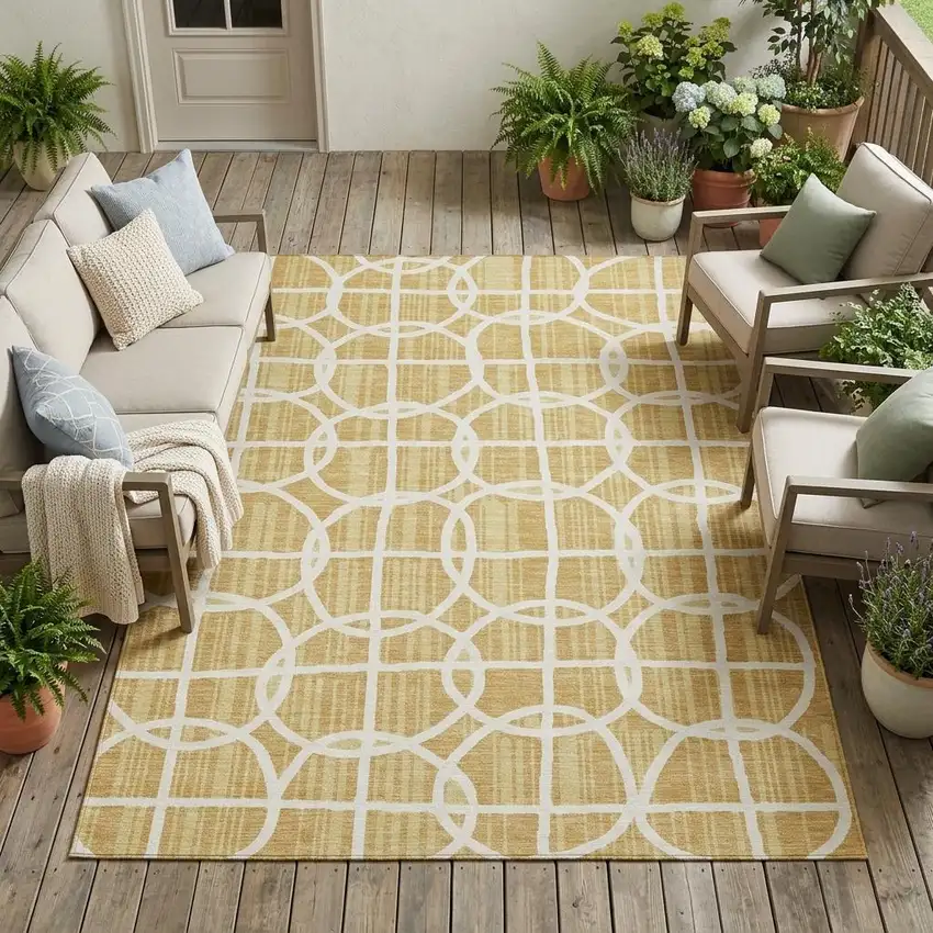 Gold And Wheat Geometric Washable Indoor Outdoor Area Rug Photo 1