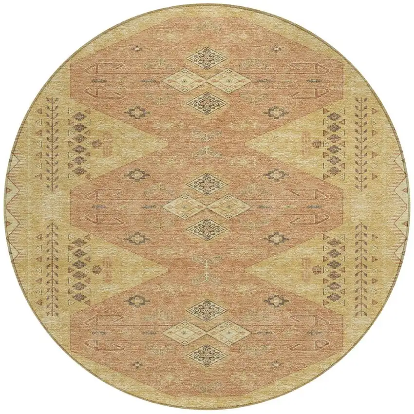 Gold And Wheat Round Geometric Washable Indoor Outdoor Area Rug Photo 3