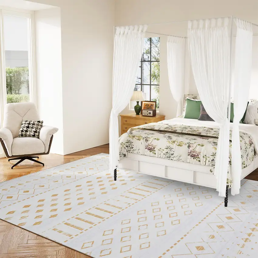 Gold And White Abstract Geometric Washable Area Rug Photo 5