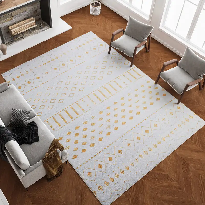 Gold And White Abstract Geometric Washable Area Rug Photo 4