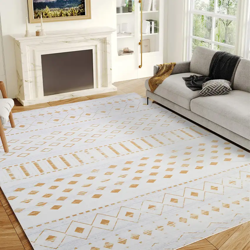 Gold And White Abstract Geometric Washable Area Rug Photo 7