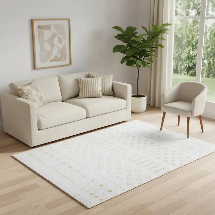 Gold And White Abstract Geometric Washable Area Rug Photo 1