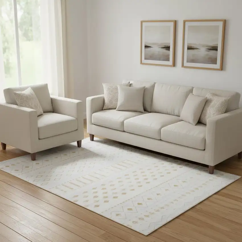 Gold And White Abstract Geometric Washable Area Rug Photo 1