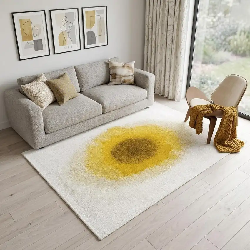 Gold And White Abstract Washable Area Rug With UV Protection Photo 1