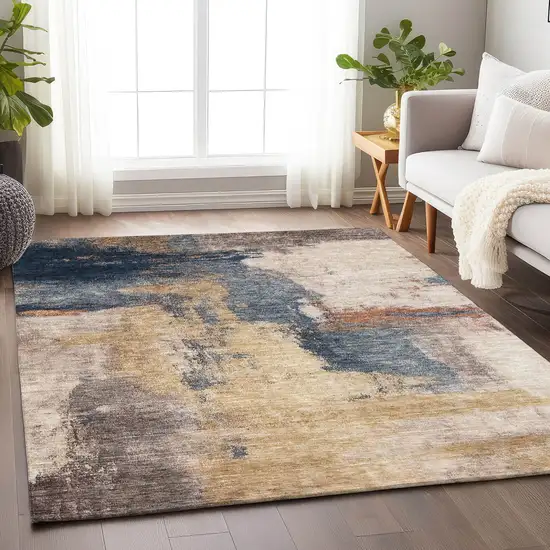 Gold Beige And Blue Abstract Washable Indoor Outdoor Area Rug Photo 8