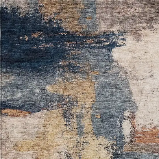 Gold Beige And Blue Abstract Washable Indoor Outdoor Area Rug Photo 5