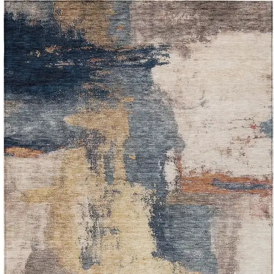 Gold Beige And Blue Abstract Washable Indoor Outdoor Area Rug Photo 6