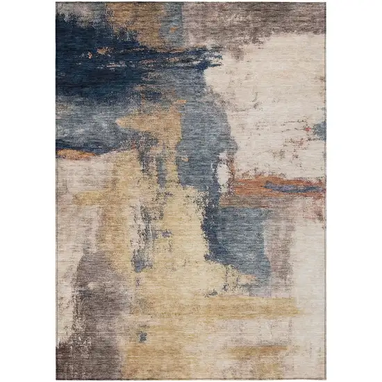 Gold Beige And Blue Abstract Washable Indoor Outdoor Area Rug Photo 2