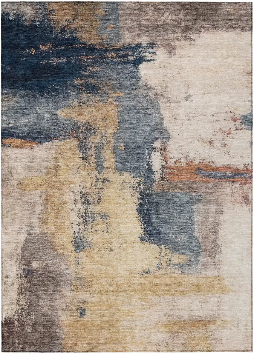 Gold Beige And Blue Abstract Washable Indoor Outdoor Area Rug Photo 2