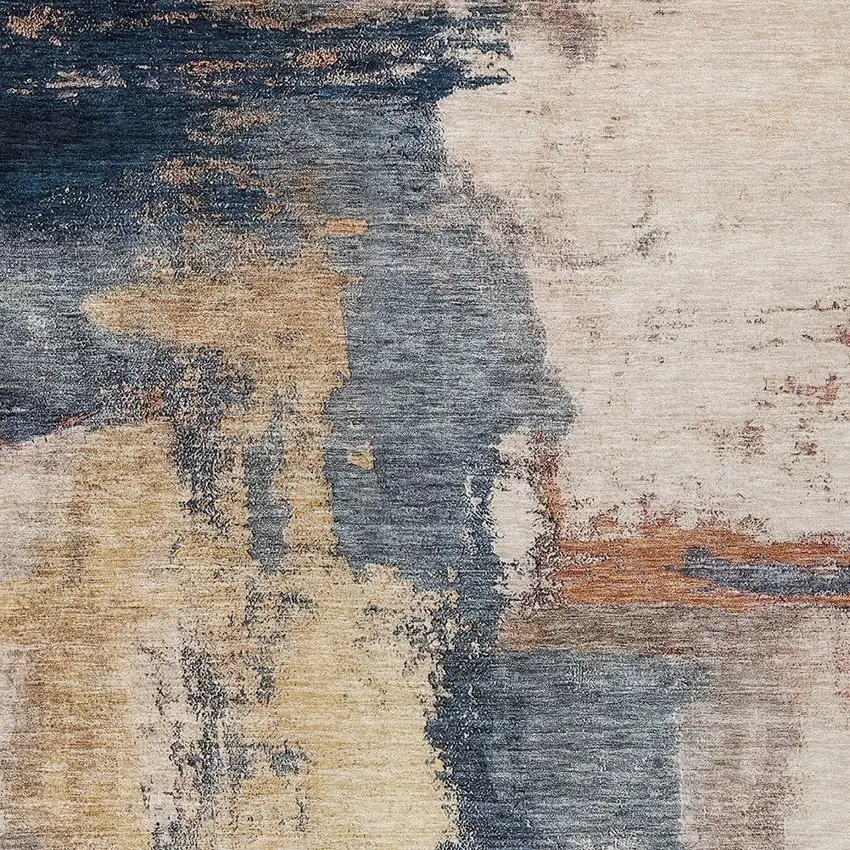 Gold Beige And Blue Abstract Washable Indoor Outdoor Area Rug Photo 5