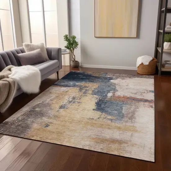 Gold Beige And Blue Abstract Washable Indoor Outdoor Area Rug Photo 9