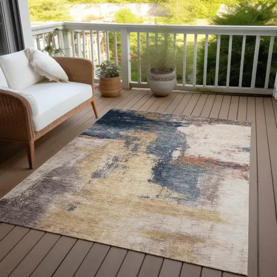 Gold Beige And Blue Abstract Washable Indoor Outdoor Area Rug Photo 7