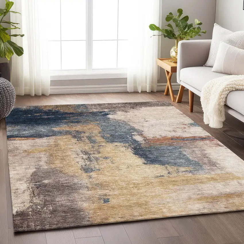 Gold Beige And Blue Abstract Washable Indoor Outdoor Area Rug Photo 8