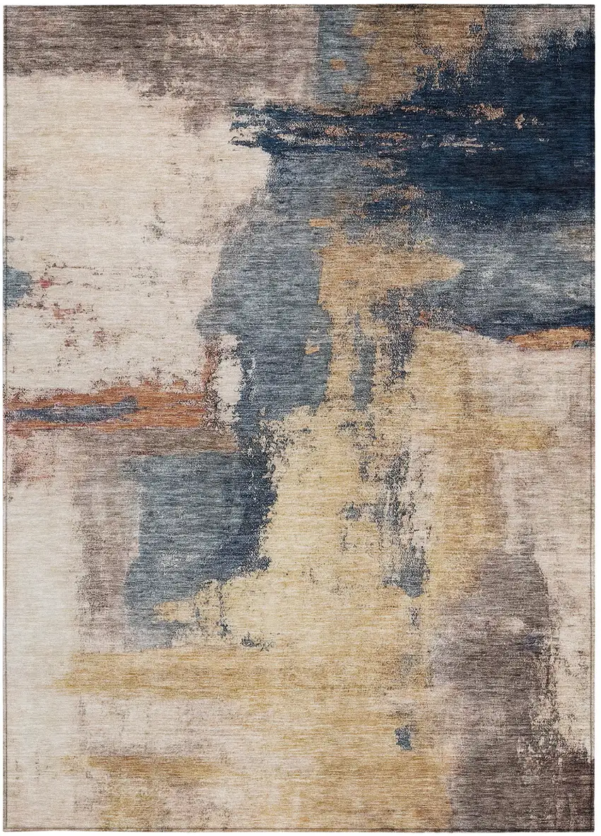 Gold Beige And Blue Abstract Washable Indoor Outdoor Area Rug Photo 6