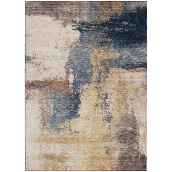 Gold Beige And Blue Abstract Washable Indoor Outdoor Area Rug Photo 6