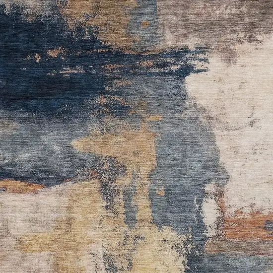 Gold Beige And Blue Abstract Washable Indoor Outdoor Area Rug Photo 5