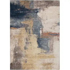 Photo of Gold Beige And Blue Abstract Washable Indoor Outdoor Area Rug